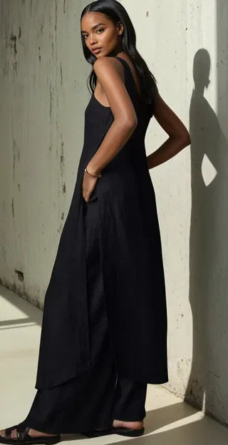 Dope Motherhood Black linen Set shirt dress with side slits and wide linen pants with pockets both dress & pants lined.